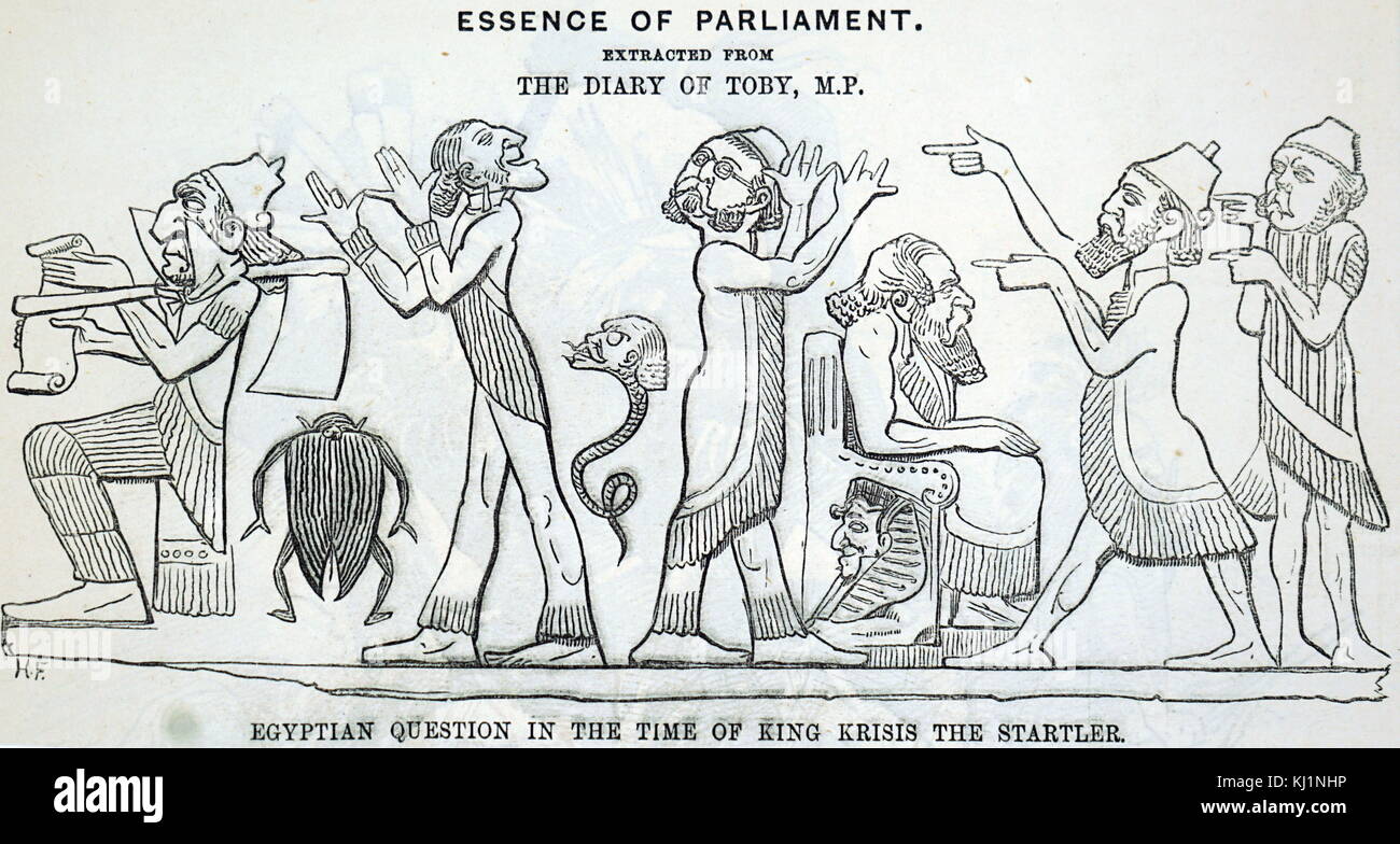 Cartoon 1882 Darstellung einer archäologischen Blick auf die ägyptische Frage. Der Anglo-ägyptische Krieg kam es 1882 zwischen ägyptischen und sudanesischen Truppen unter Ahmed 'Urabi und das Vereinigte Königreich. Er beendete einen nationalistischen Aufstand gegen die Khedive Tewfik Pasha und wesentlich erweitert der britische Einfluss über das Land, auf Kosten der Franzosen. Stockfoto