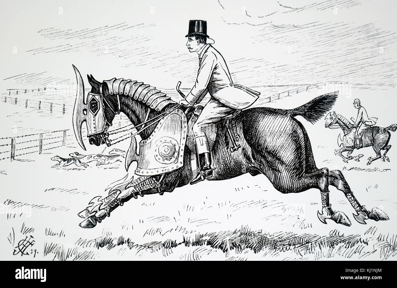 Cartoon erstellt nach der Einführung von Stacheldraht Jagdgesellschaften abzuhalten. Die Jäger sind hier dargestellt, reiten Pferde, die in der Rüstung bedeckt sind. Vom 19. Jahrhundert Stockfoto