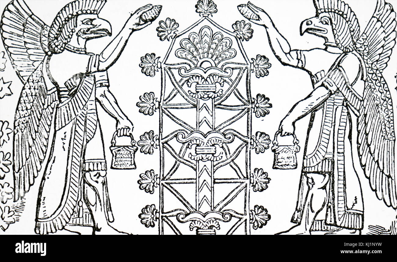 Gravur einer bas-relief mit der Darstellung der Assyrischen Gottes Nisroch, der Gott der Landwirtschaft. Vom 19. Jahrhundert Stockfoto