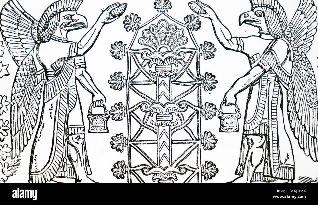 Gravur einer bas-relief mit der Darstellung der Assyrischen Gottes Nisroch, der Gott der Landwirtschaft. Vom 19. Jahrhundert Stockfoto