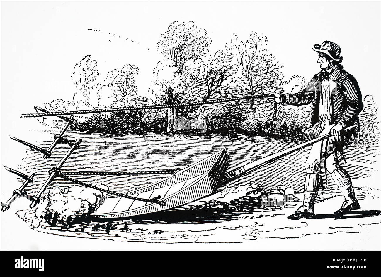 Gravur, ein Bauer mit einem mollebart, oder eine Nivellierung der Spaten. Vom 19. Jahrhundert Stockfoto