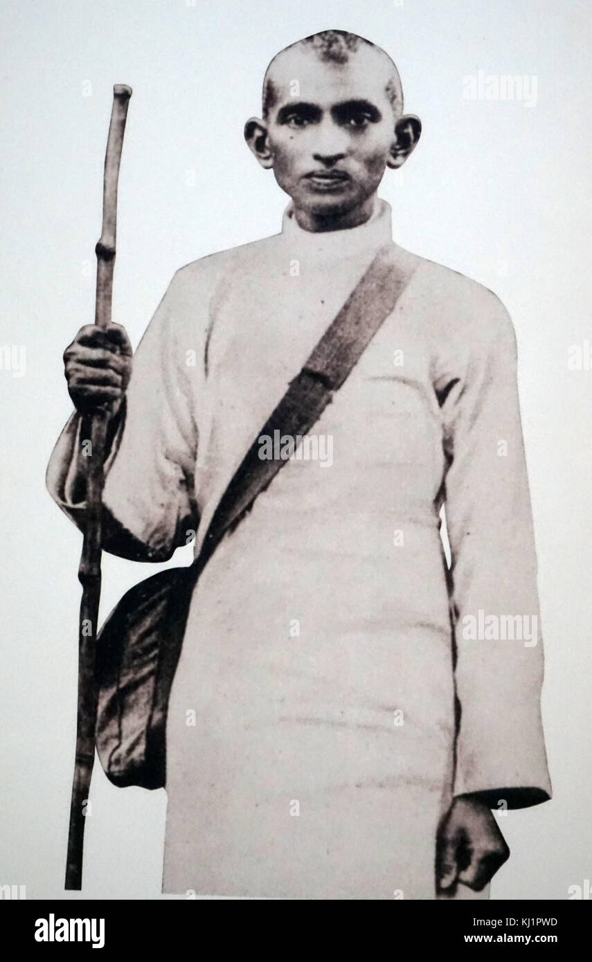 Junge Satyagraha und zukünftige Mahatma Gandhi mit einem Hauptmann und einem Stock. Südafrika, Mohandas Karamchand Gandhi 1869 - 1948), der bedeutendste Führer der indischen Unabhängigkeitsbewegung in britisch beherrschten Indien. Stockfoto