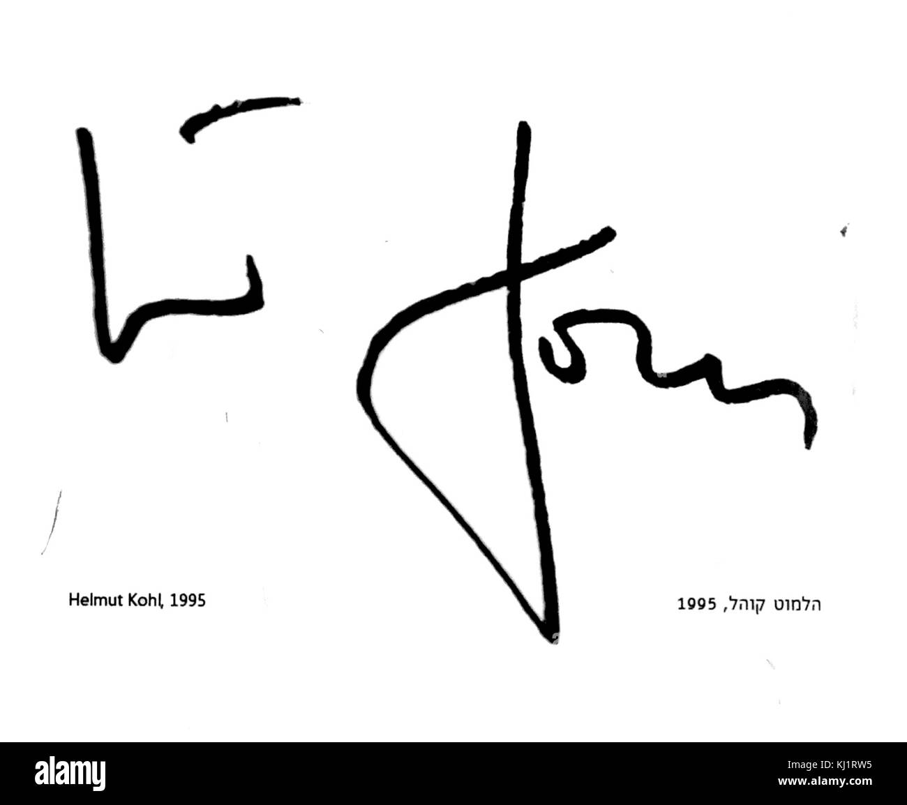 Signatur von Helmut Kohl (* 3. April 1930) deutscher Staatsmann, der als Kanzler der Bundesrepublik Deutschland von 1982 bis 1998 diente die Signatur in der Eingangshalle des King David Hotel in Jerusalem Israel wird angezeigt Stockfoto