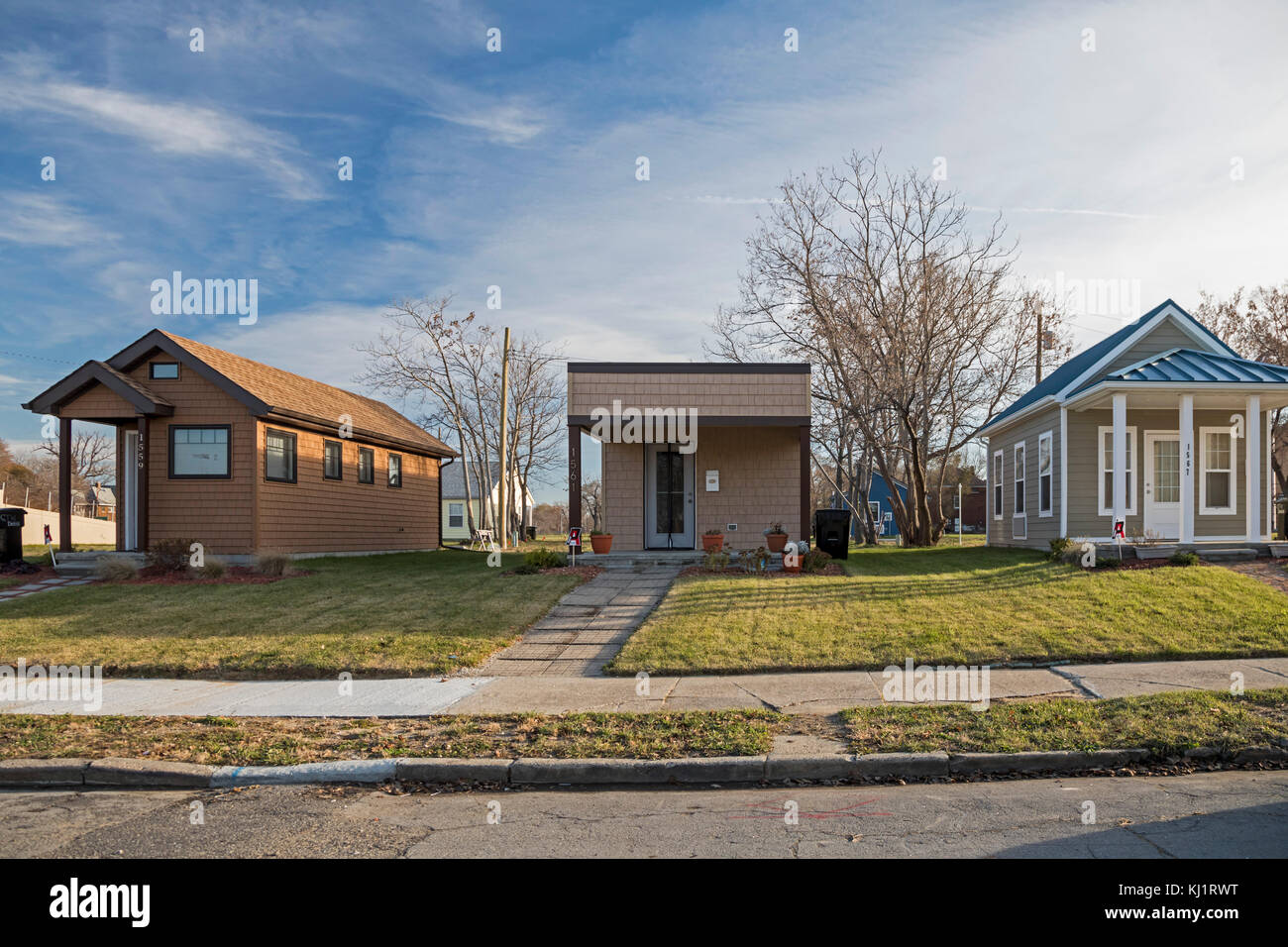 Detroit, Michigan - winzige Häuser, gebaut von Cass Community Social Services für Obdachlose. Die gemeinnützige Organisation plant, eine Gemeinschaft von 25 Stunden aufzubauen Stockfoto