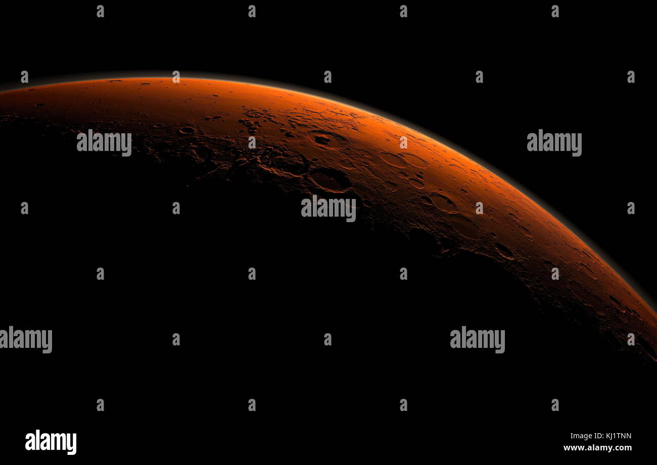 Computer-generierten Ansicht zeigt Teil des Mars an der Grenze zwischen Dunkelheit und Tageslicht, mit einem Bereich einschließlich Gale-krater Beginn morgen Licht zu fangen. Vom 21. Jahrhundert Stockfoto