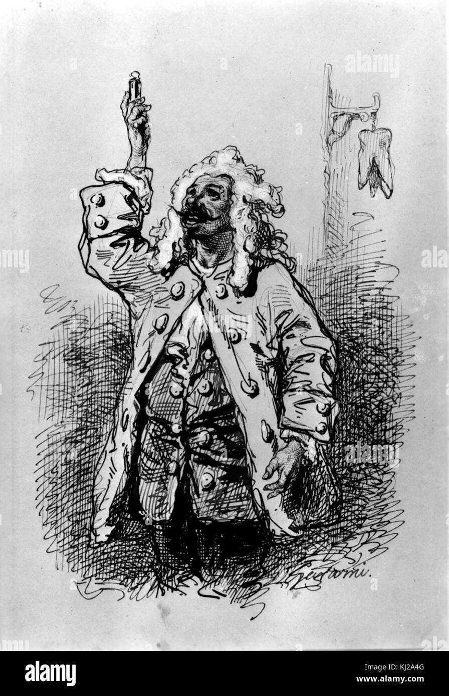 Dieses Werk von Paul Gavarni stellt einen Mann in einem Kostüm aus dem 17. Jahrhundert dar, der die Mode und den Stil dieser Zeit zeigt. Das Bild spiegelt Gavarnis Geschick in der Aufnahme historischer Kleidung und des sozialen Kontextes der Zeit wider. Stockfoto