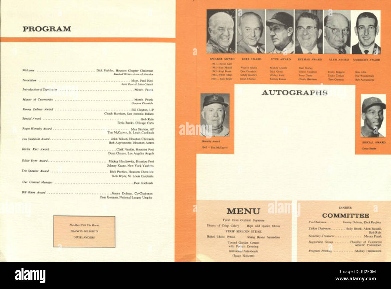 Dieser Artikel enthält den Programmplan und das Menü eines Baseball-Dinners, möglicherweise im Zusammenhang mit einer besonderen Veranstaltung oder einem Sportbankett, bei dem das Spiel und seine Spieler gefeiert werden. Stockfoto