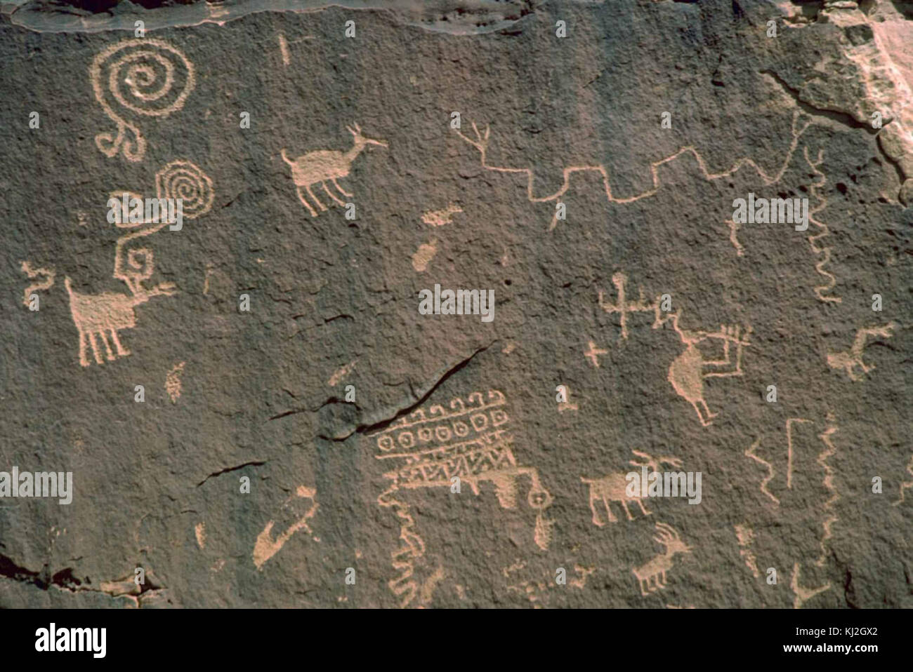 Ein Überblick über Petroglyphen, alte Steinschnitzereien von indigenen Völkern. Diese Felskunst-Darstellungen bieten Einblick in kulturelle Praktiken, Rituale und Glaubensrichtungen in verschiedenen Regionen. Stockfoto