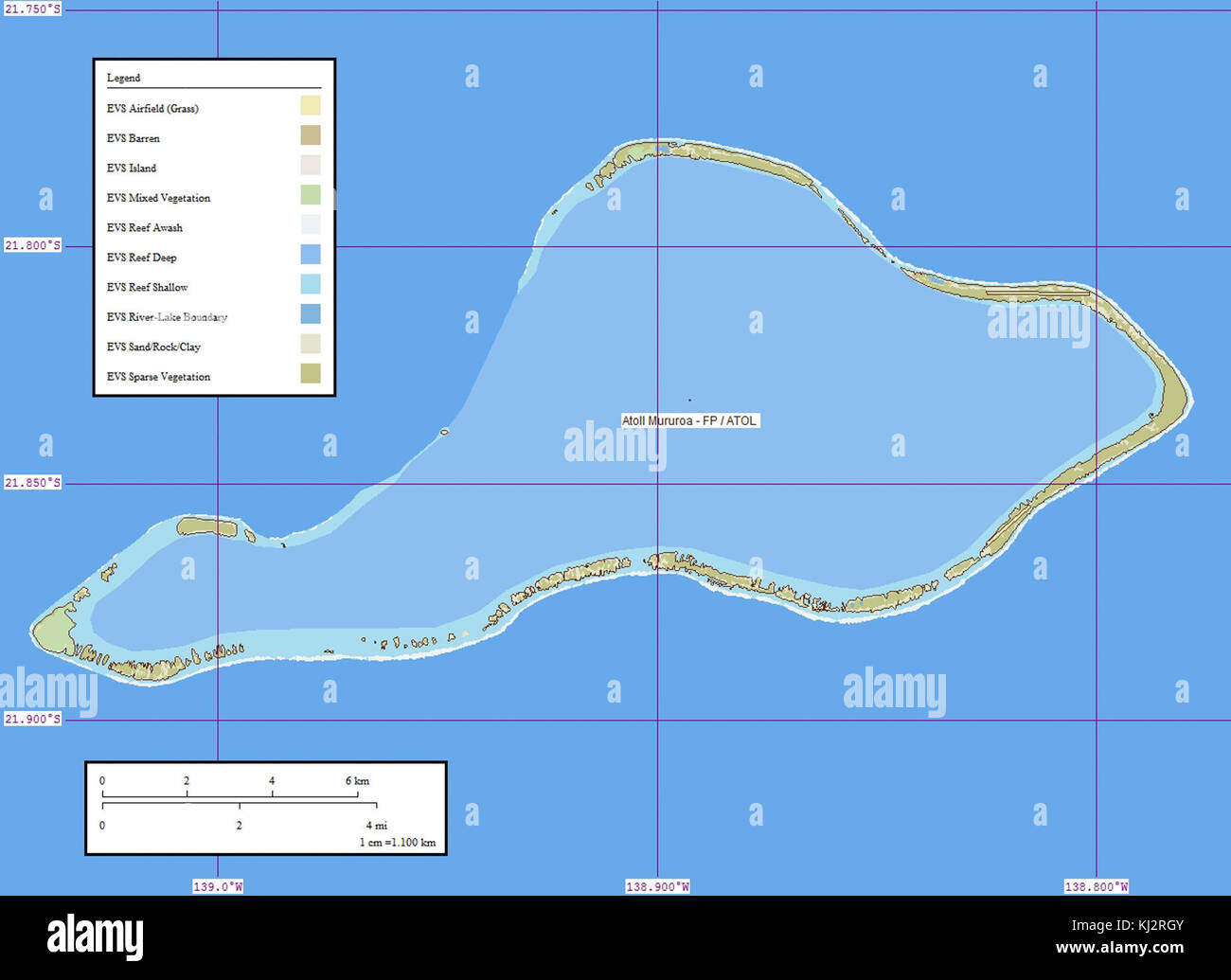 Eine Karte des Mururoa Atolls im Südpazifik, Teil von Französisch-Polynesien. Dieses Atoll ist bekannt für seine historische Bedeutung aufgrund von Atomtests, die Frankreich von 1966 bis 1996 durchgeführt hat. Sie ist ein wichtiges geografisches Merkmal in der Region, geprägt durch ihre Korallenriffe und Lagune. Stockfoto