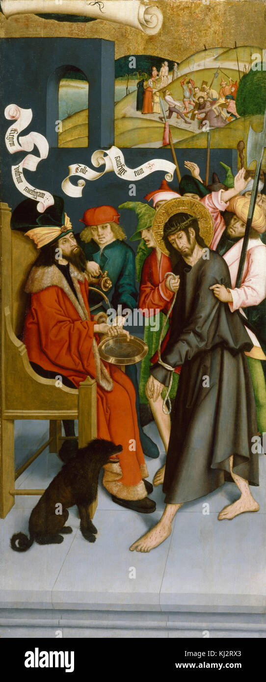 Dieses Kunstwerk von Bernhard Strigel zeigt die biblische Szene von Pontius Pilatus, der seine Hände wäscht, und symbolisiert damit seinen Versuch, sich von der Verantwortung für den Tod Christi zu befreien. Das Gemälde ist Teil der historischen religiösen Kunst und spiegelt Themen der Schuld und Unschuld wider. Stockfoto