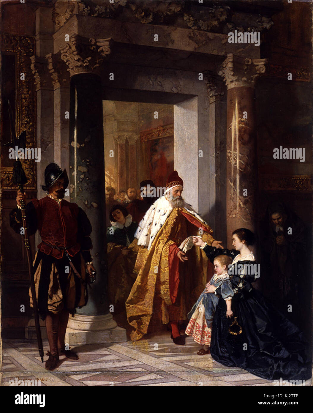 Das Gemälde „die Petition an den Dogen“ von Carl Ludwig Friedrich Becker zeigt eine historische Szene, in der Einzelpersonen den Dogen bitten, und zeigt Beckers Meisterschaft in der historischen Genremalerei. Stockfoto