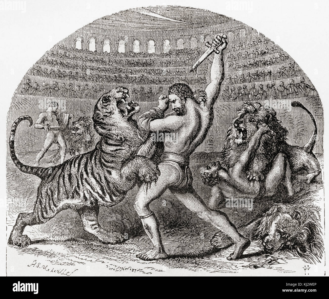 Gladiatoren kämpfen gegen wilde Tiere im antiken Rom. Von Station und Lock's illustrierte Geschichte der Welt, veröffentlicht C 1882. Stockfoto