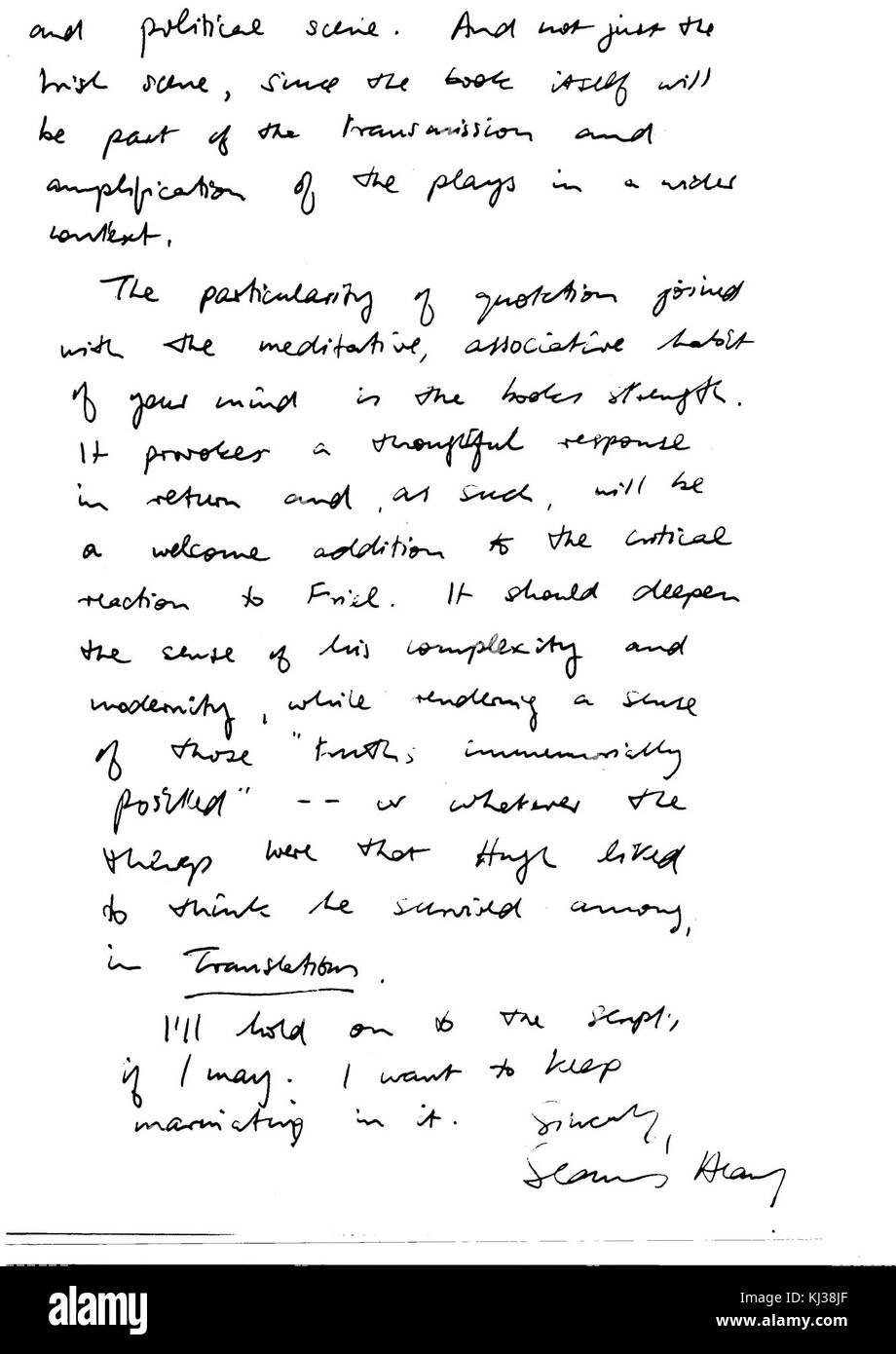 Handgeschriebenen Brief von Seamus Heaney, Richard Kiefer, Seite 2 Stockfoto