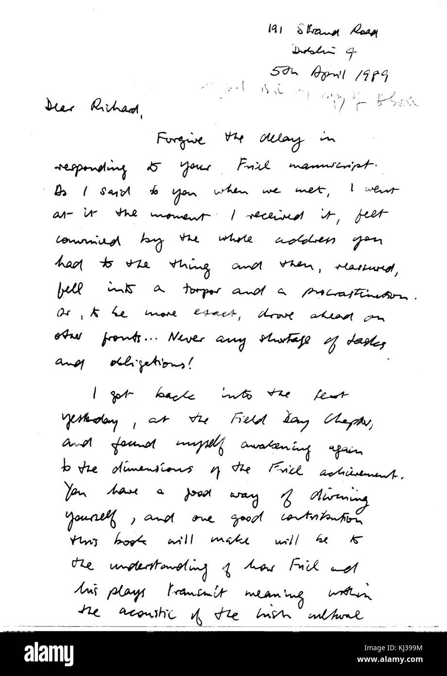 Handgeschriebenen Brief von Seamus Heaney, Richard Kiefer, Seite 1 Stockfoto