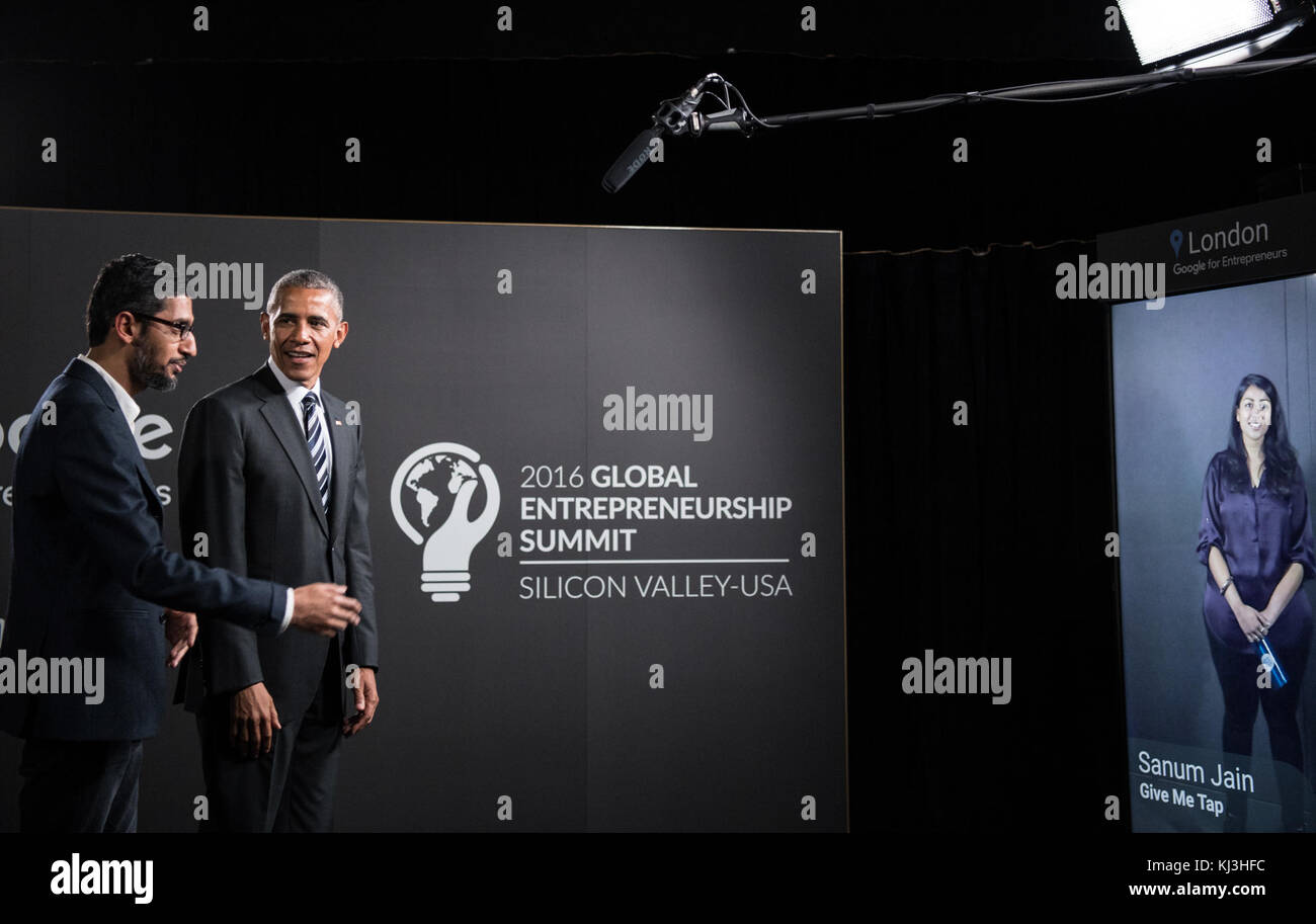 Präsident Obama und Google CEO Sundar Pichai Schritt innerhalb der 2016 Global Entrepreneurship Summit (27782910722) Stockfoto