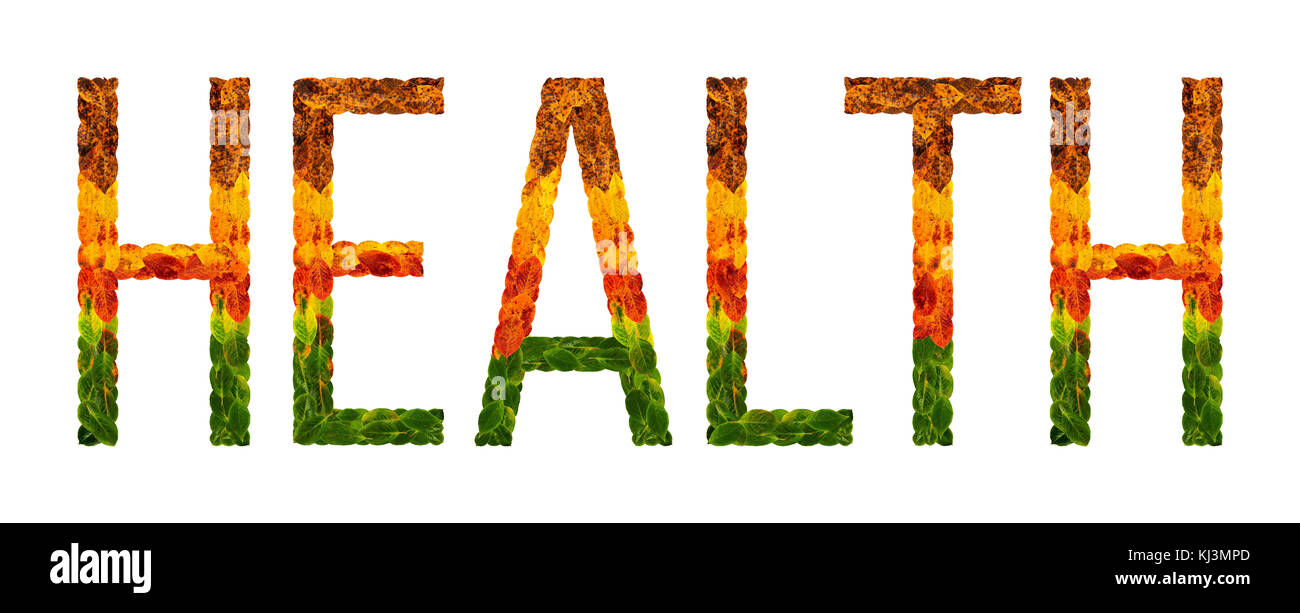 Wort Gesundheit mit Blätter weiß isoliert Hintergrund geschrieben, Banner für Drucken, kreative Darstellung von farbigen Blättern. Stockfoto