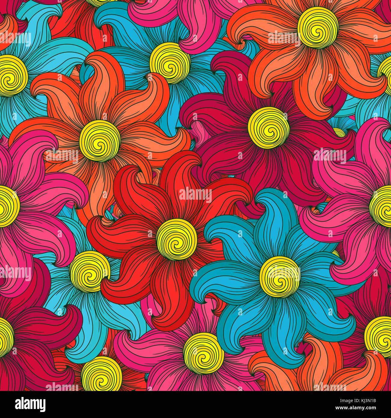 Die nahtlose Vektor florale Muster mit multicolor stilisierte Blüten in rot, pink, blau, orange und Gelb Stock Vektor