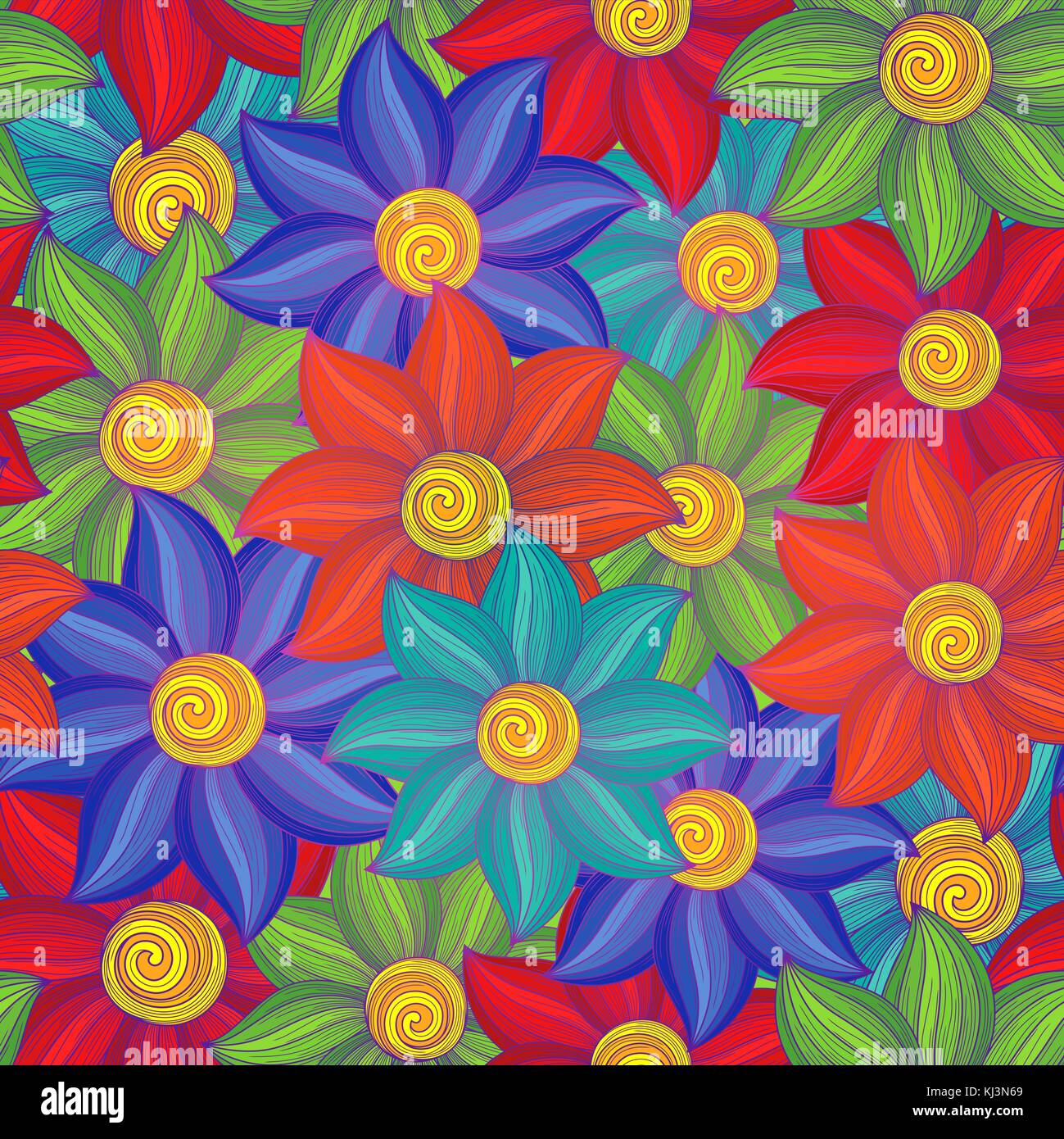 Die nahtlose Vektor florale Muster mit stilisierten Blüten in gedämpften Farben rot, grün, blau, orange und gelbe Farbtöne Stock Vektor