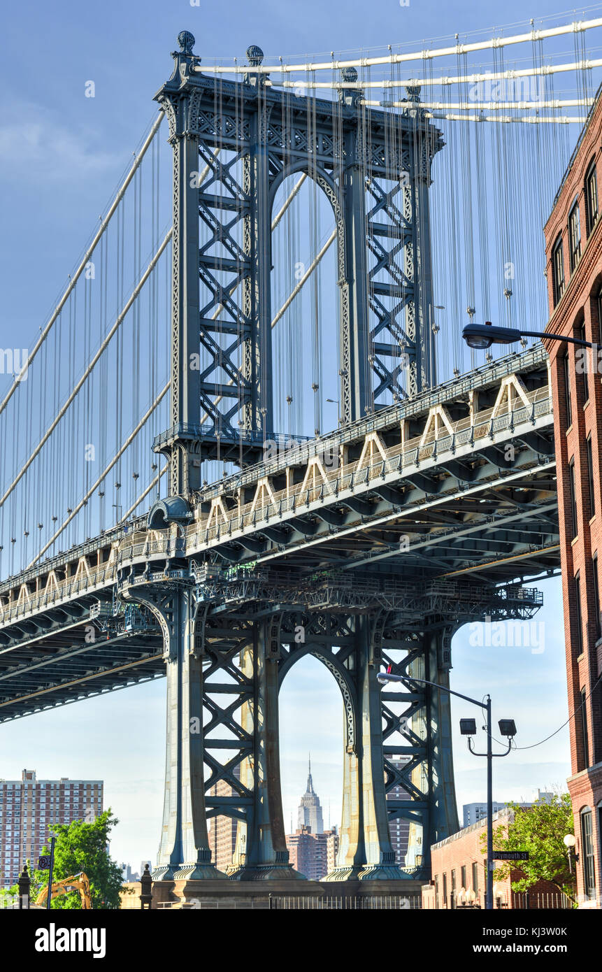 Manhattan Bridge von DUMBO (Down Under Manhattan Bridge Überführung), Brooklyn, New York Stockfoto