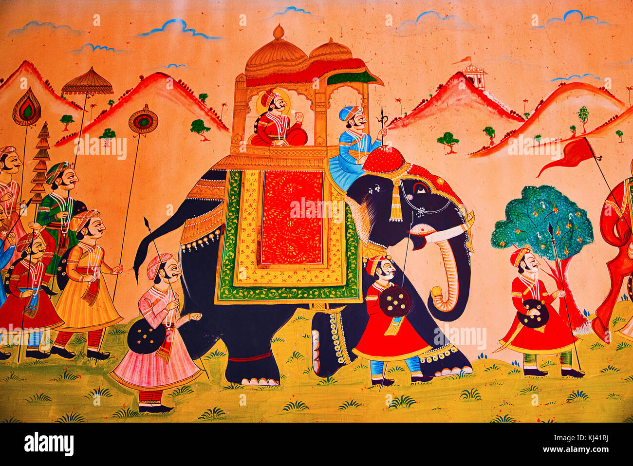 Wandmalerei an der Innenwand des Champaner Heritage Resort, Halol, Gujarat, Indien Stockfoto