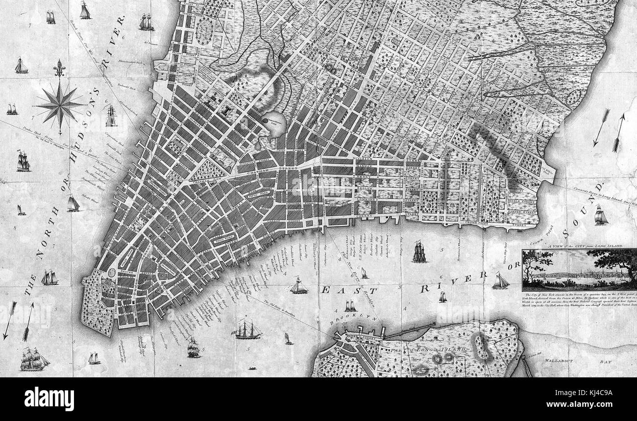Gravur einer Karte der Stadt New York mit dem Titel "Eine neue und genaue Plan der Stadt New York im Staat New York in Nordamerika", von John Roberts, Benjamin taylor Surveyor, 1797 von der New York Public Library. Stockfoto