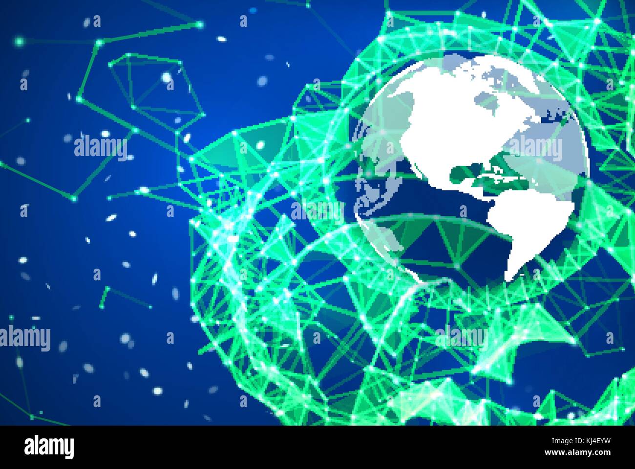 Globales Netzwerk Verbindung Hintergrund. Blaue und grüne Technologie Kulisse. Telekommunikation broadcast Konzept. Glühende plexus Struktur mit Erde - Planet und Partikel. Abstract Vector Illustration. Stock Vektor