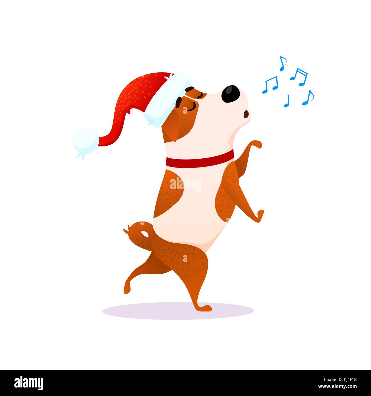 Lustige cartoon tanzen Hund singt. Xmas flachbild Charakter. Welpen isoliert auf weißem Hintergrund. Terrier das Tragen der roten Klausenmütze Tänze Weihnachten Vector Illustration für Weihnachten oder Neujahr 2018 Design Stock Vektor