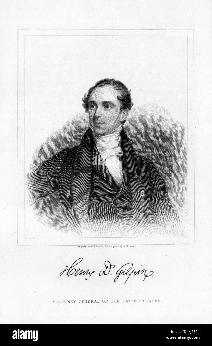 Ein Kupferstich aus einem Porträt von Henry D Gilpin, diente als Generalstaatsanwalt der Vereinigten Staaten unter Präsident Martin Van Buren, eine Kopie seiner Unterschrift erscheint unter dem Kupferstich, 1881. Aus der New York Public Library. Stockfoto