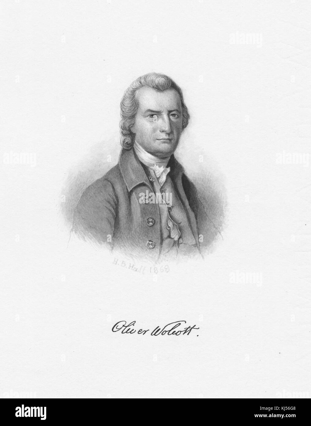 Aquarellporträt von Oliver Wolcott, Unterzeichner der Unabhängigkeitserklärung der Vereinigten Staaten und auch der Artikel der Konföderation als Vertreter von Connecticut und neunzehnten Gouverneur von Connecticut, seine Unterschrift unten, 1868. Aus der New York Public Library. Stockfoto