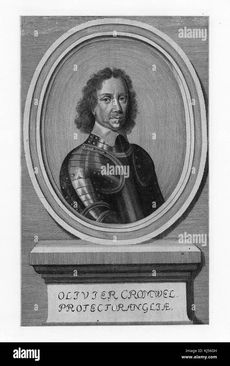 Porträt von Oliver Cromwell, englischer militärischer und politischer Führer und später Lord Protector of the Commonwealth of England, Scotland and Ireland, in einem Oval, darunter eine Tafel mit der Aufschrift 'Oliver Cromwell, Protector Angliae', 1700. Aus der New York Public Library. Stockfoto