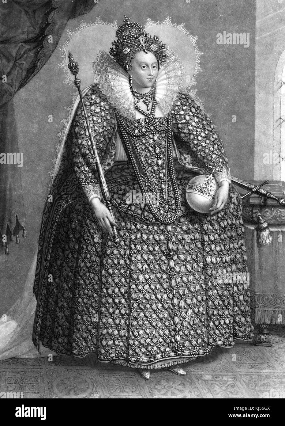 Mezzotint von Königin Elisabeth, mit der Beschreibung „Ihre Heilige Majestät Königin Elisabeth, in der prächtigen Kleidung, in der sie zu Saint Pauls ging, um Dank für die Niederlage der spanischen Armada zurückzugeben“, dargestellt mit einem Zepter und Globus-Kreuzer, von Charles Turner, 1840. Aus der New York Public Library. Stockfoto