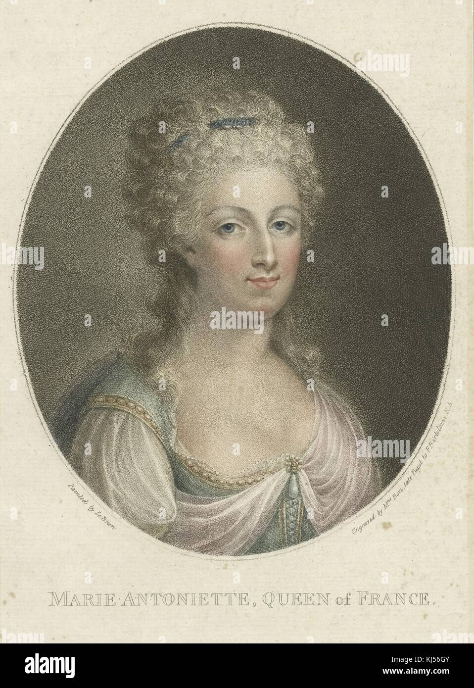 Getöntes, graviertes Porträt von Marie Antoinette, Königin von Frankreich zwischen 1791 und 1792, mit einem Clip im Haar, und ein einfaches Kleid mit Perlenbroche, 1800. Aus der New York Public Library. Stockfoto