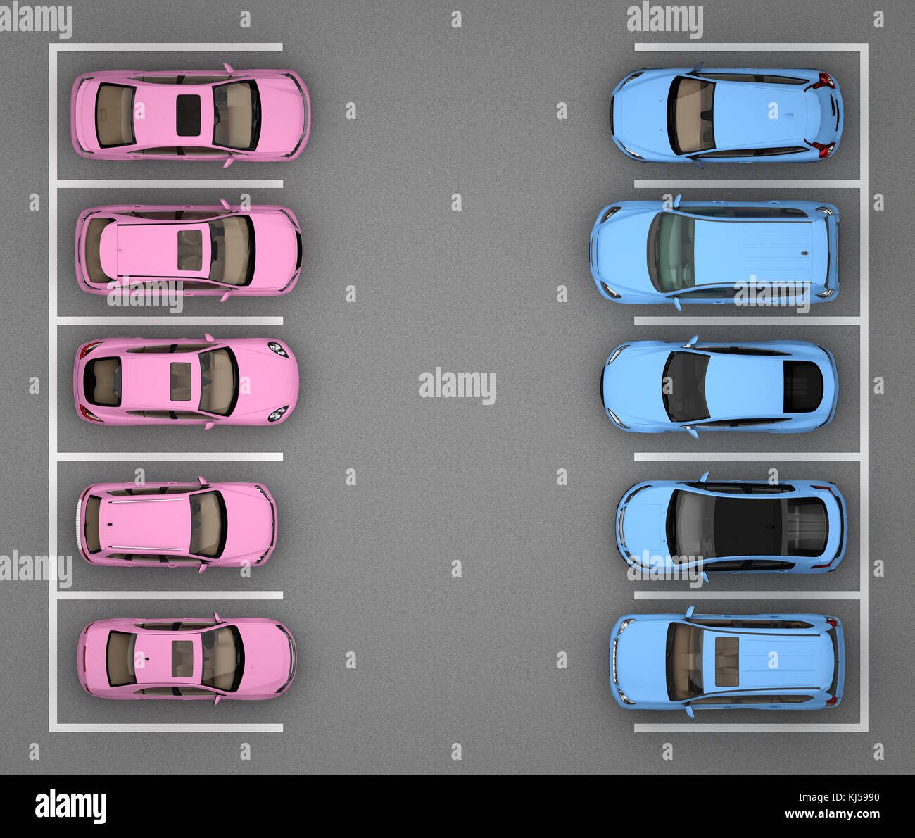 Parken mit pinkfarbenen und blauen Autos. 3D-Rendering Stockfoto