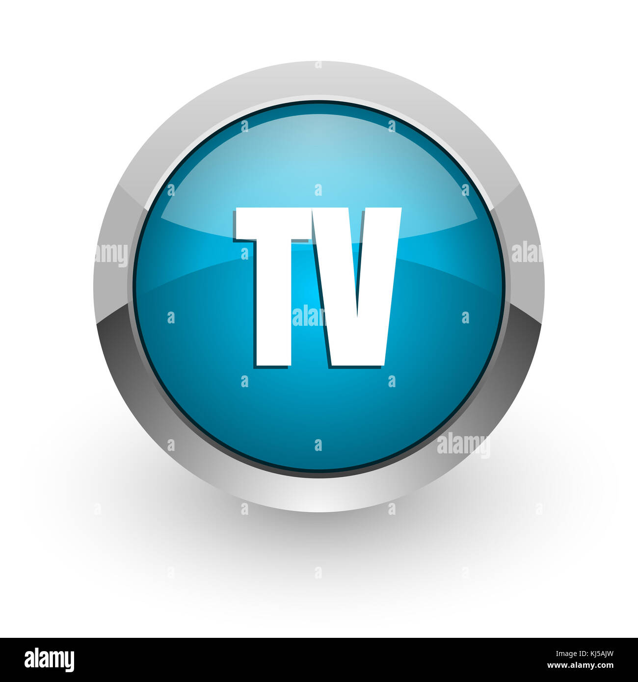 TV-Symbol mit blauem silbernem Metallic-Chrom und Mobiltelefon-Symbol auf weißem Hintergrund mit Schatten Stockfoto