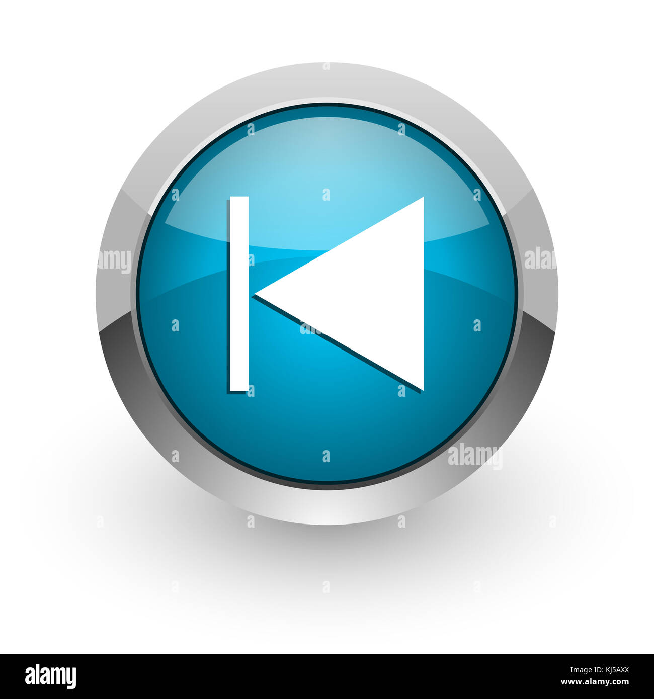 Zurück Web- und Mobiltelefonsymbol mit blauem, silbernem Chrom-Rand auf weißem Hintergrund mit Schatten Stockfoto