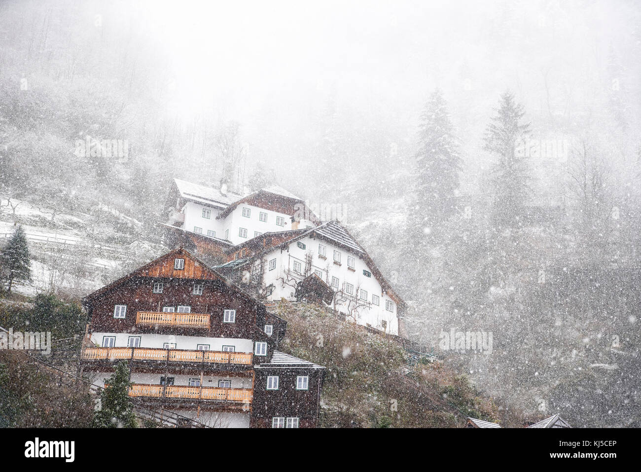 Österreichische Häuser im Wald, auf der nördlichen Kalkalpen, während starker Schneefall deckt, in Hallstatt befindet, in den österreichischen Alpen Stockfoto