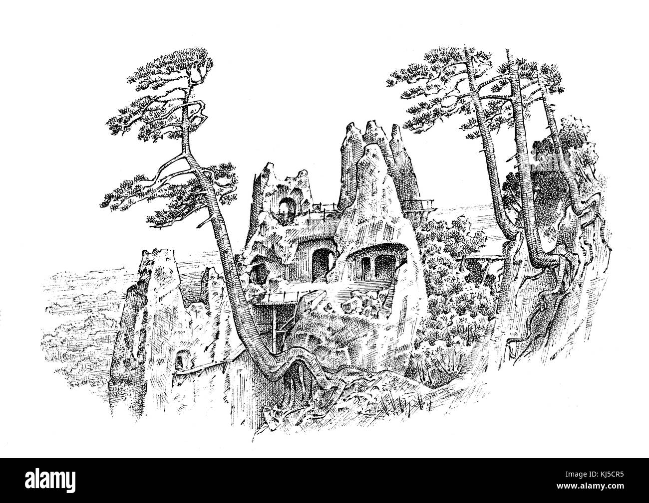 Vintage Haus auf einem Felsen, ländlichen orientalischen Kirche auf dem Berg oder Klippe. Rustikale Kloster. graviert Hand in alte Skizze gezeichnet. Hintergrund sviatohirsk ci Stockfoto