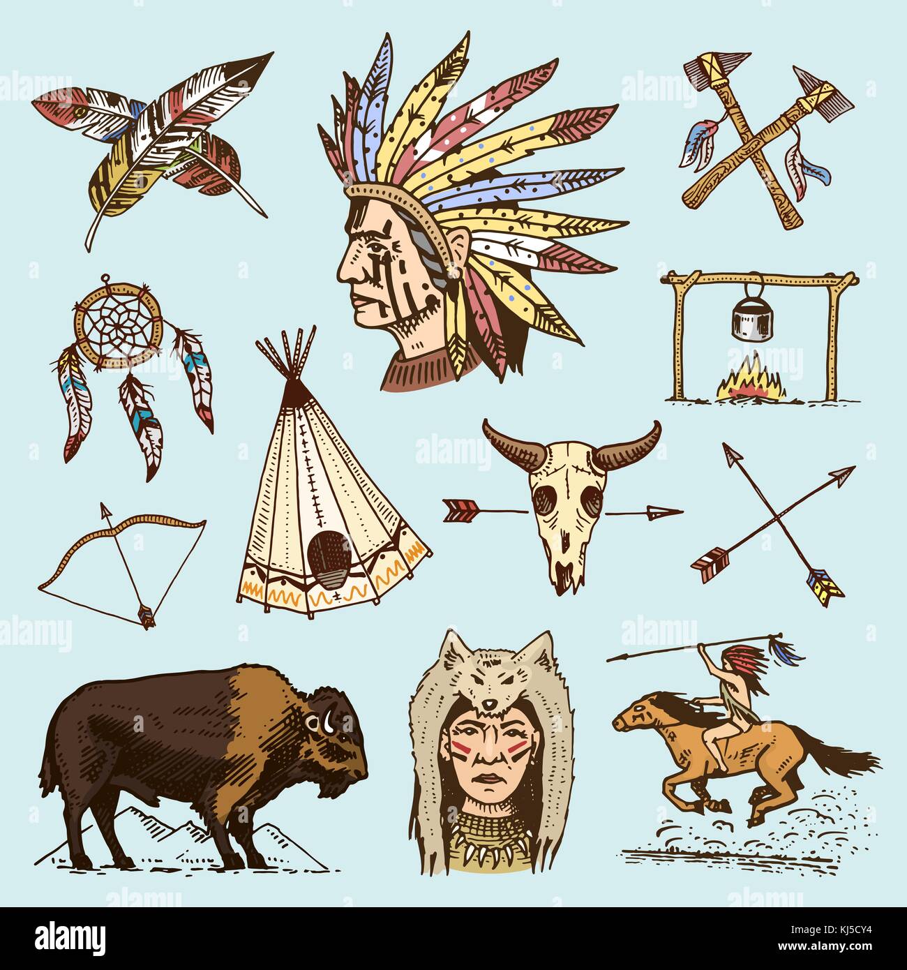 Indische Oder Amerikanische Ureinwohner Buffel Axte Und Zelt Pfeile Und Bogen Totenkopf Dreamcatcher Und Cherokee Tomahawk Satz Von Gravierten Jahrgang Hand Gezeichnet Alt Etiketten Oder Abzeichen Stock Vektorgrafik Alamy