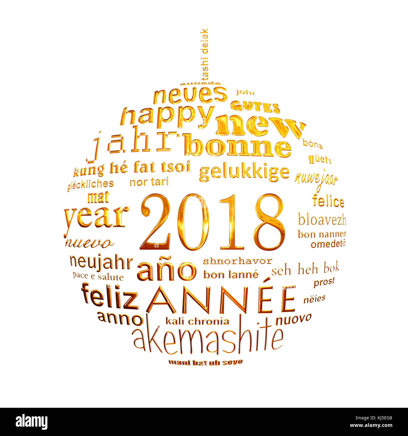 2018 Neues Jahr mehrsprachiger Text word cloud Grußkarte in der Form eines Golden christmas Ball auf weißem Hintergrund Stockfoto