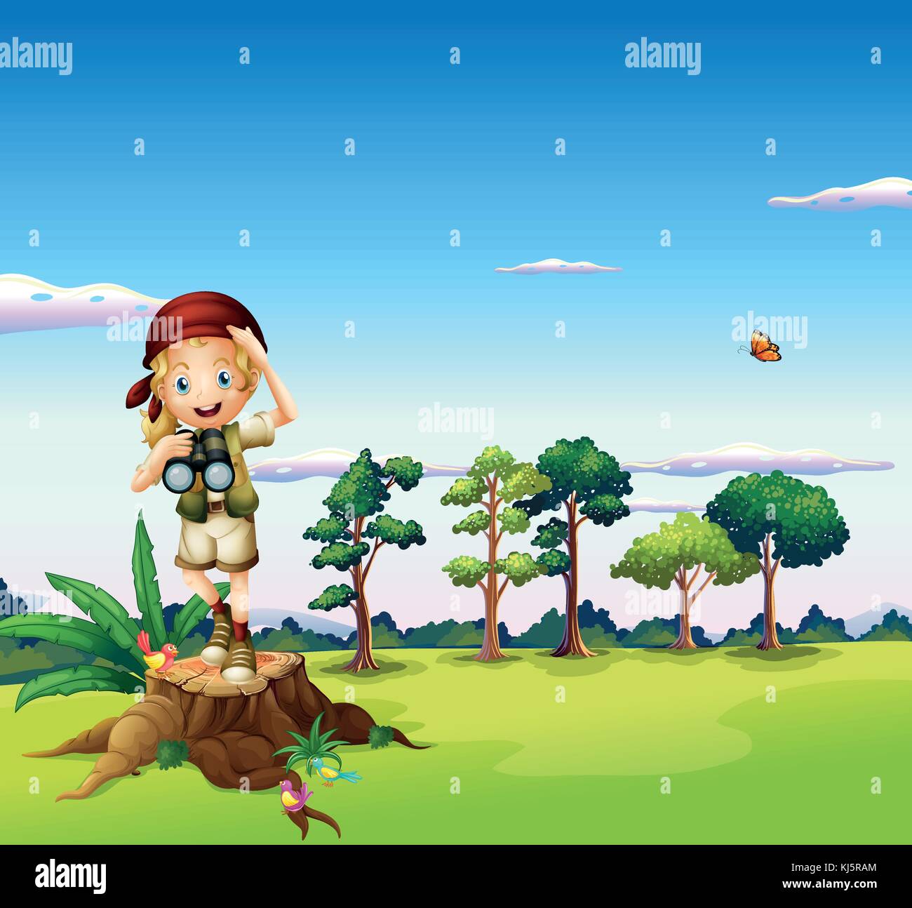 Abbildung: ein Mädchen mit einem Teleskop stehen vor einem Baumstumpf Stock Vektor