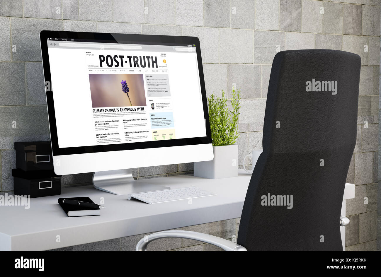 3D-Rendering des industriellen Arbeitsbereichs, das Nachrichten über die Wahrheit auf dem Computerbildschirm anzeigt. Alle Bildschirmgrafiken sind zusammengesetzt. Stockfoto