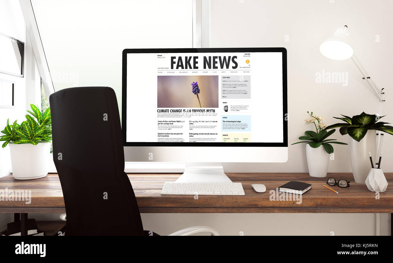 Computer mit gefälschtem Nachrichtenverkauf auf Tisch 3D-Rendering Stockfoto