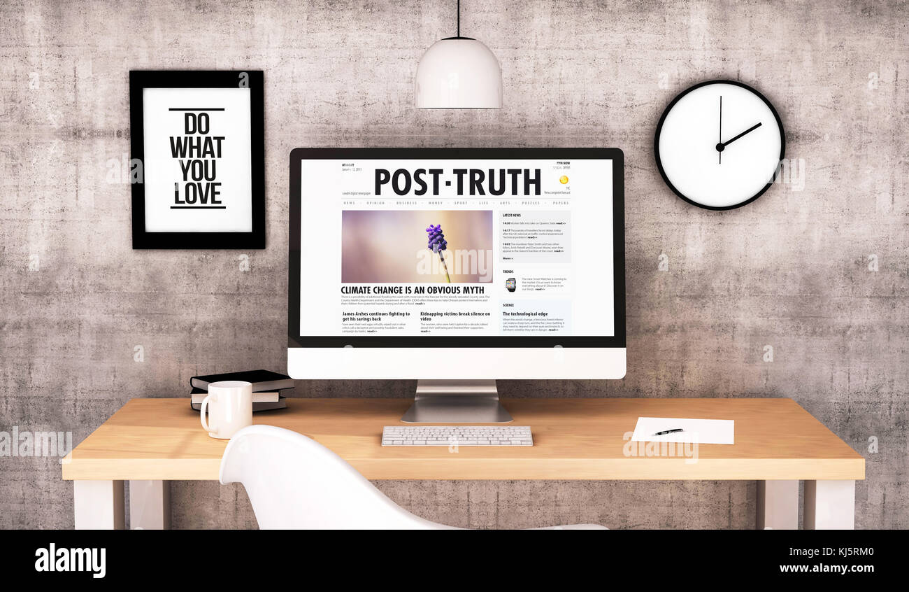 Digital generierter Workspace Desktop mit Post Truth on Screen Computer. Alle Bildschirmgrafiken sind zusammengesetzt. 3D-Rendering. Stockfoto