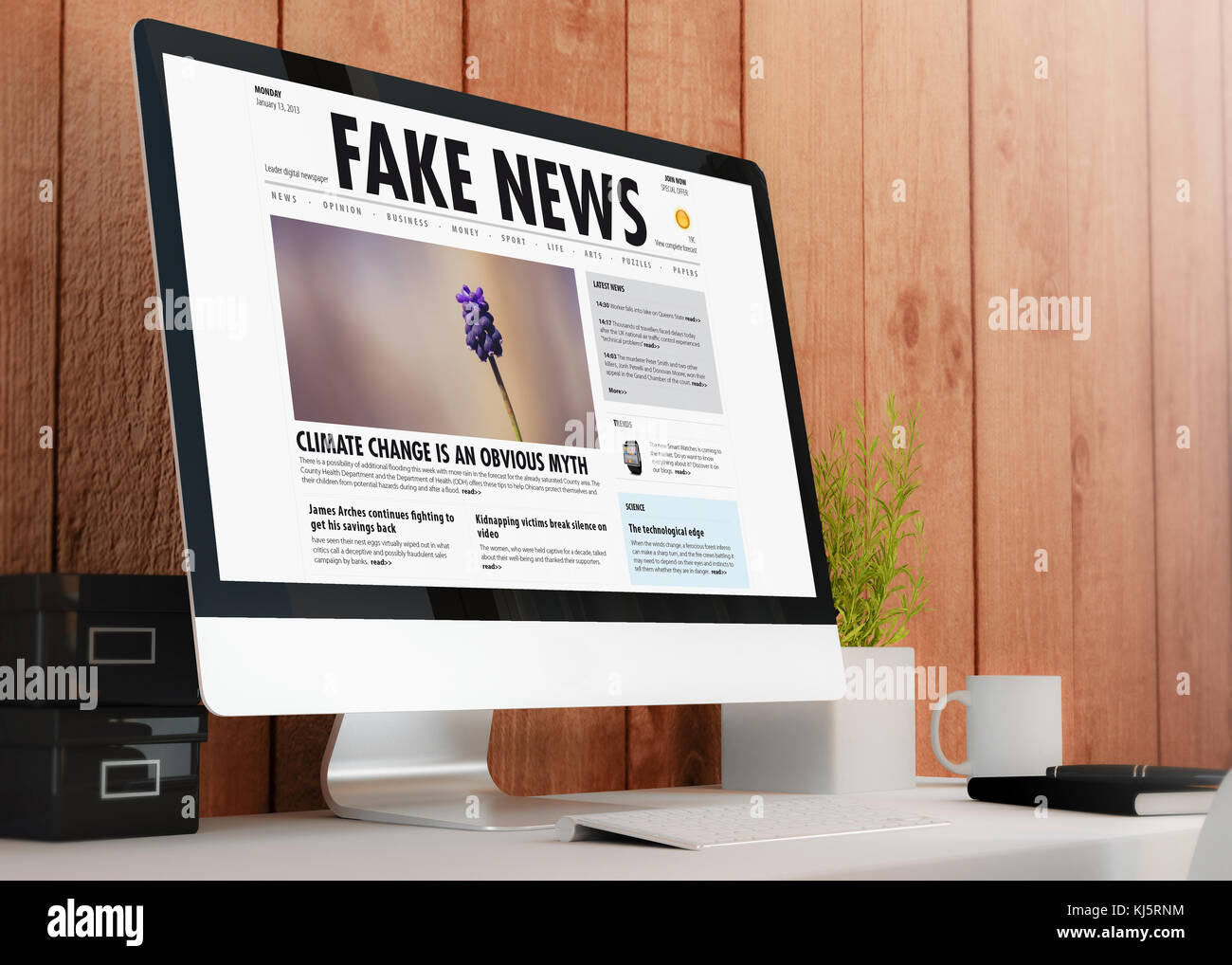 Moderner hölzerner Arbeitsbereich mit gefälschten Computernachrichten. Alle Bildschirmgrafiken sind zusammengesetzt. 3D-Rendering Stockfoto