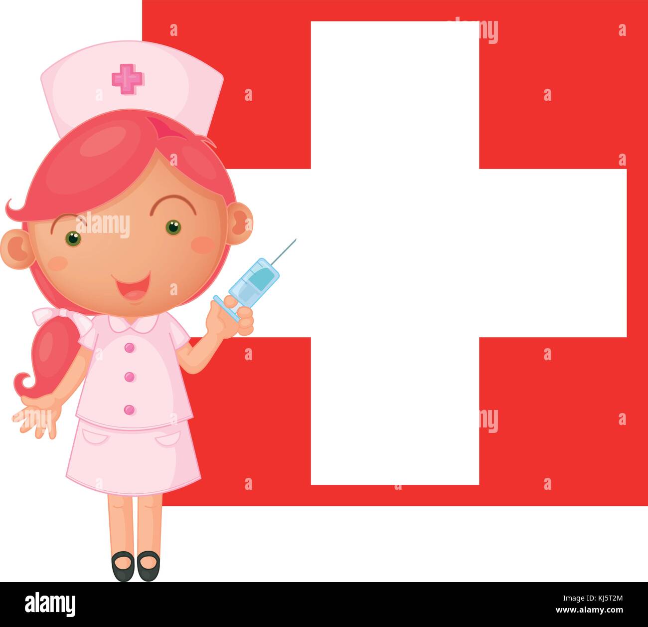 Abbildung eine Krankenschwester mit einer Injektion vor der Schweiz Flagge auf weißem