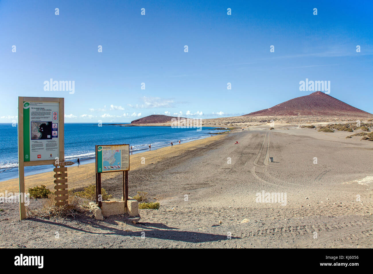 Board zeigt kite Bereich am Strand von El Medano, ein beliebtes Ziel für Surfer auf Teneriffa, Kanarische Inseln, Spanien Stockfoto