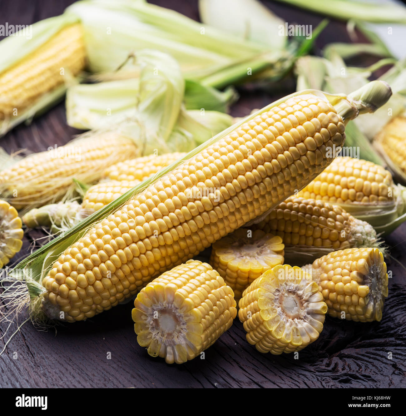 Ohr von Mais oder Getreide auf dem dunklen Hintergrund. Stockfoto