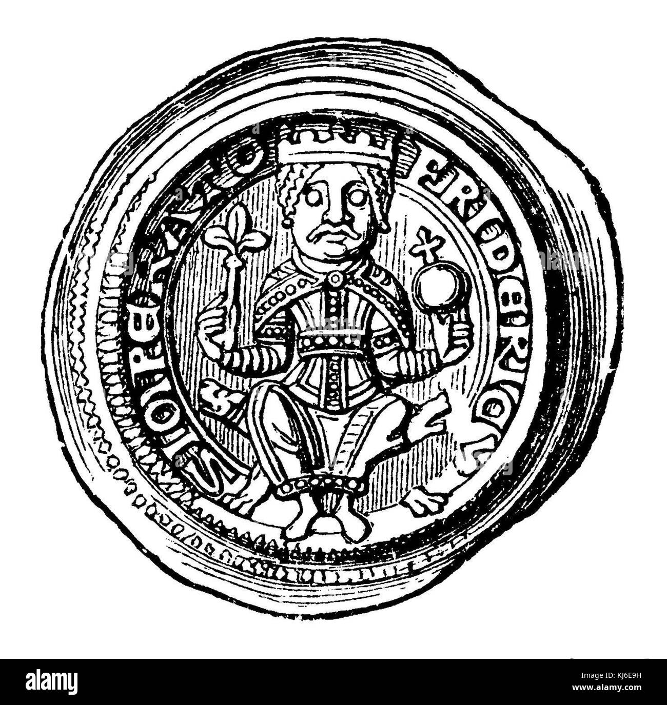 Armspreize Friedrich I. Barbarossa (Silber). Gefunden im Odenwald, vielleicht markiert in Mainz (die einzige Münze, die den Kaiser bärtig zeigt). (Kaisermünzen: Braktat Friedrichs I. Barbarossa (silber). Gefunden im Odenwald, vielleicht in Mainz, die einzige Münze, die den Kaiser bärtig zeigt.) Stockfoto