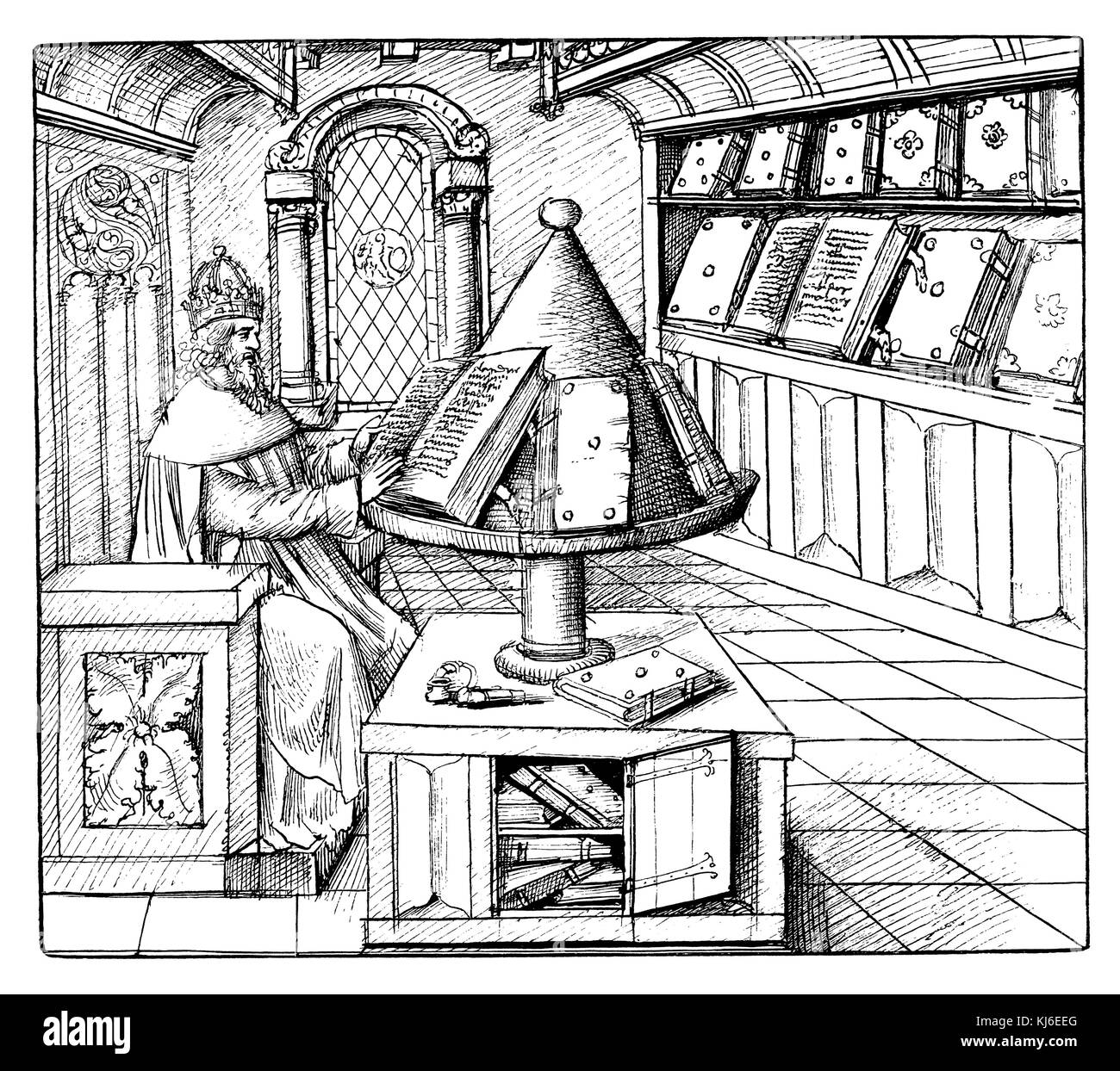 Bibliothek und Skriptorium des 15. Jahrhunderts (Bücherei und Schreibstube aus dem 15. Jahrhundert) Stockfoto
