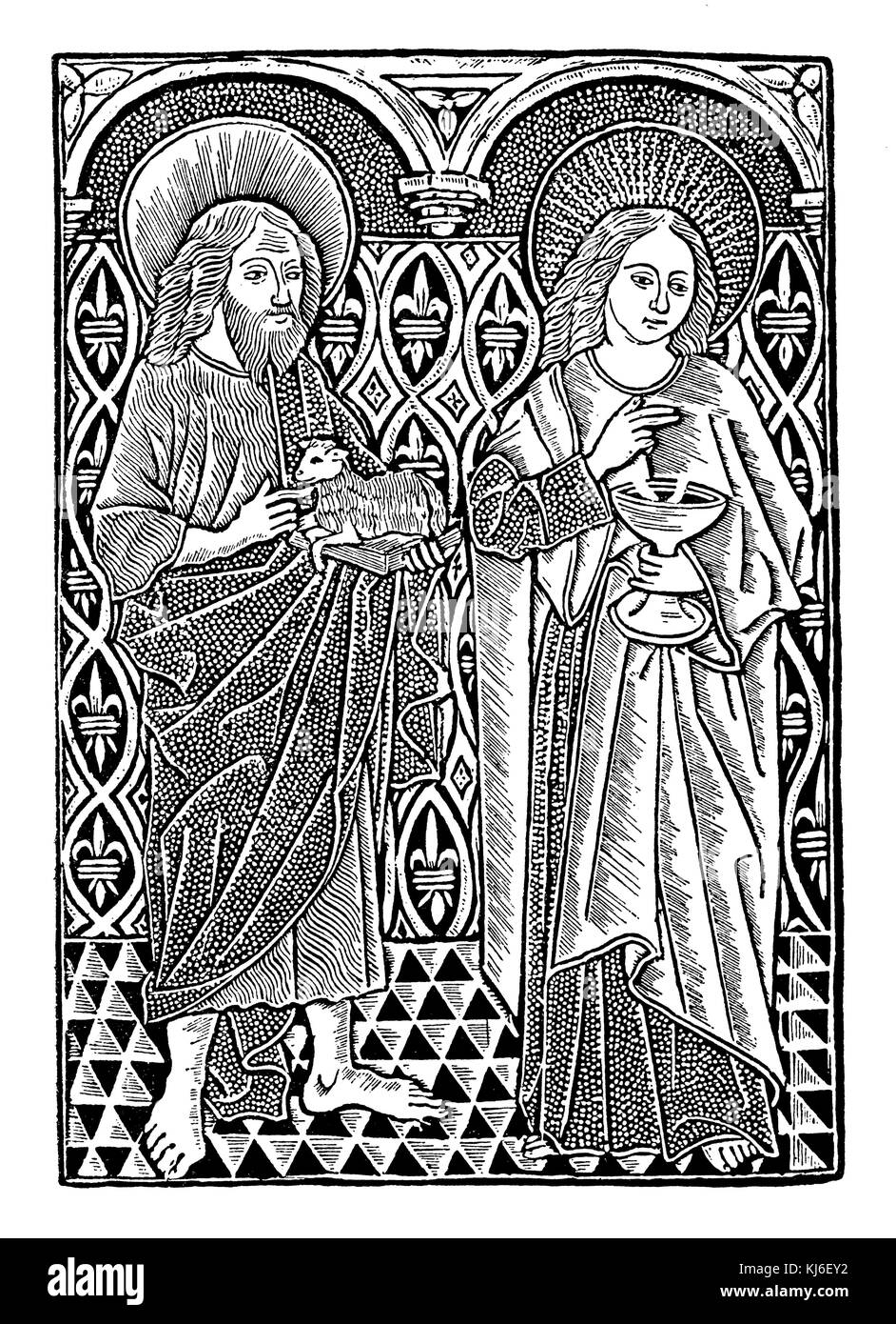 Johannes der Täufer und Johannes der Evangelist. Älteste deutsche Vertretung. Um 1450 (Johannes der Täufer und Johannes der Evangelist. Älteste deutsche Darstellung. Etwa um 1450) Stockfoto